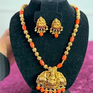 Gold and coral Necklace and Earring Set